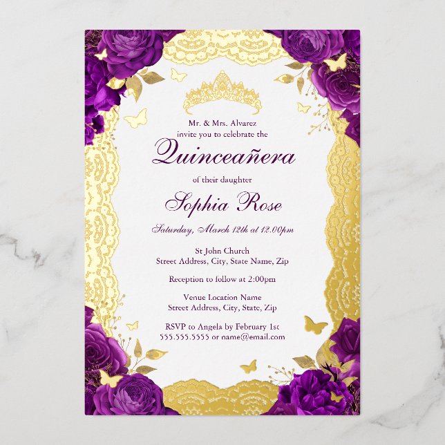 Rose Lace Butterfly Purple Quinceanera Birthday  Foil Invitation (Front)