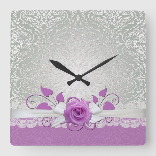 Rose Lace Silver/Purple Damask Clock (Front)