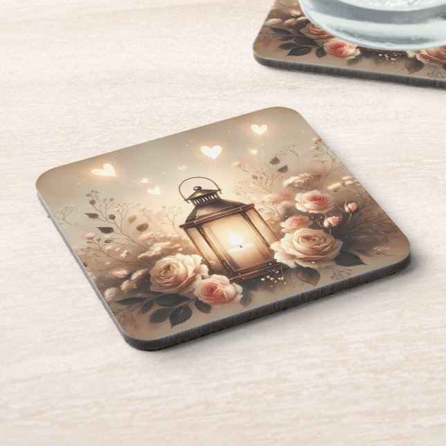 Rose Lantern Glow Bouquet Beverage Coaster (Left Side)