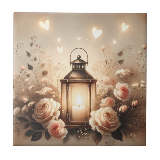 Rose Lantern Glow Bouquet Ceramic Tile (Front)