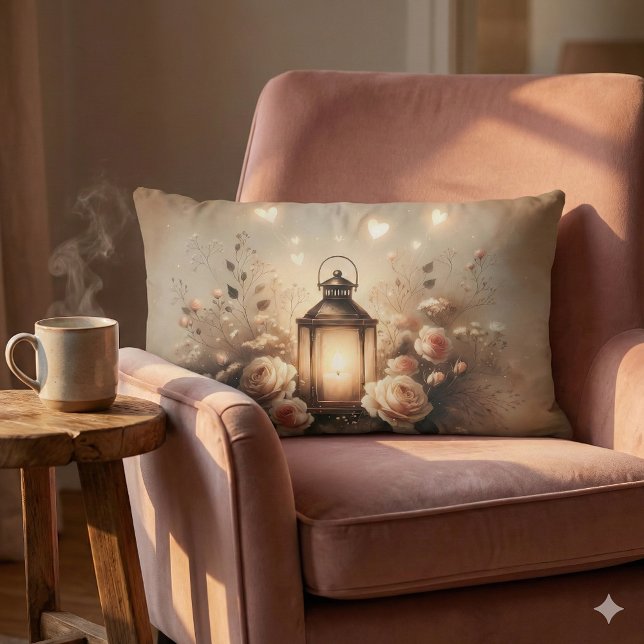 Rose Lantern Glow Bouquet Lumbar Pillow (Rose Lantern Glow Bouquet Lumbar Pillow Mockup A)