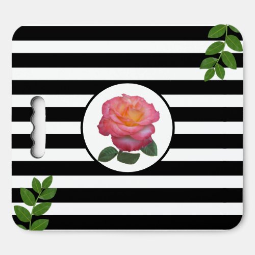 Rose  Laurel on Black and White Stripes Seat Cushion