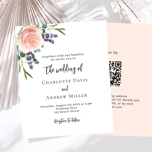 Rose lavender florals QR RSVP wedding invitation