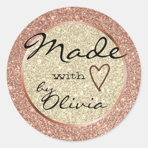 Rose Light Gold Glitter Made with Love Heart Glam Classic Round Sticker