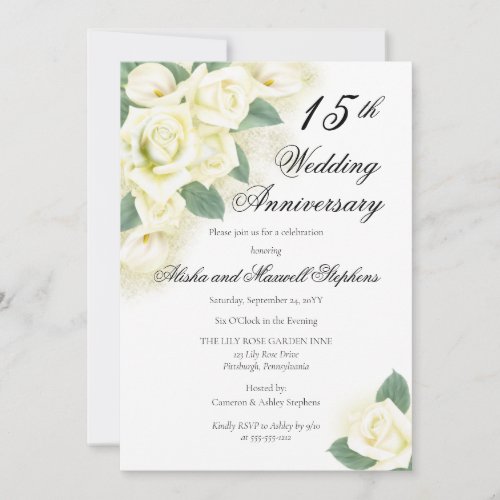 Rose  Lily  Floral 15th Wedding Anniversary Party Invitation