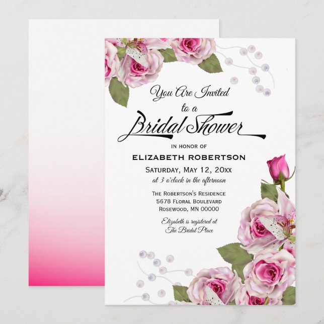 Rose Lily Pearl Pink Bridal Shower Invitation (Front/Back)