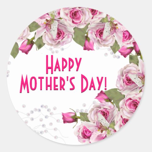 Rose Lily Pearl Pink Mothers Day Classic Round Sticker