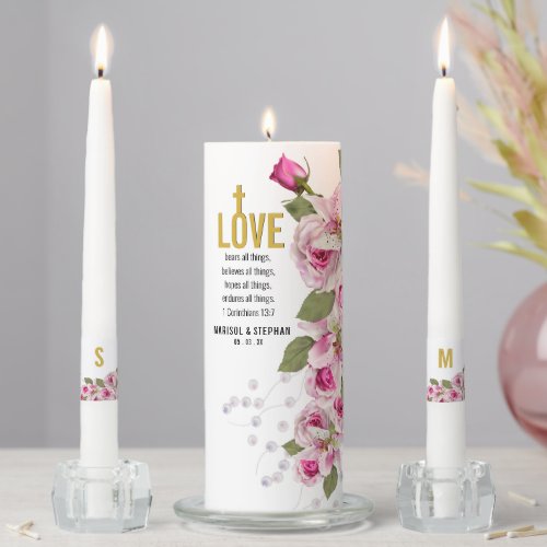 Rose Lily Pearls Love Scripture Wedding Unity Candle Set