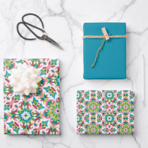 Rose, Lime Green, Teal & White Pattern Wrapping Paper Sheets