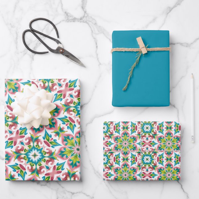 Rose, Lime Green, Teal & White Pattern  Wrapping Paper Sheets (Front)