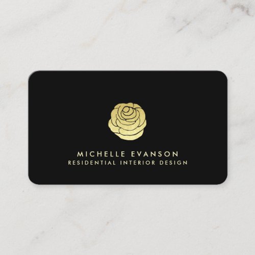 Rose Logo Faux Gold Foil Elegant Simple Black Business Card