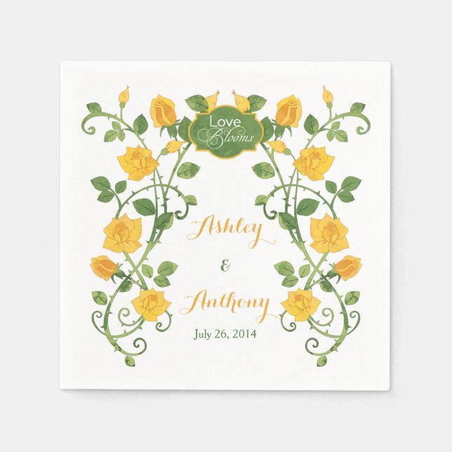 Rose Love Blooms Personalized Wedding | Yellow Napkins (Front)
