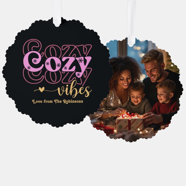 Rose Luxe Cozy Vibes Retro Christmas Photo Ornament Card (Front/Back)
