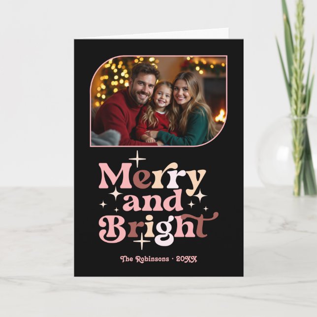 Rose Luxe Merry and Bright Retro Christmas Photo Holiday Card (Front)