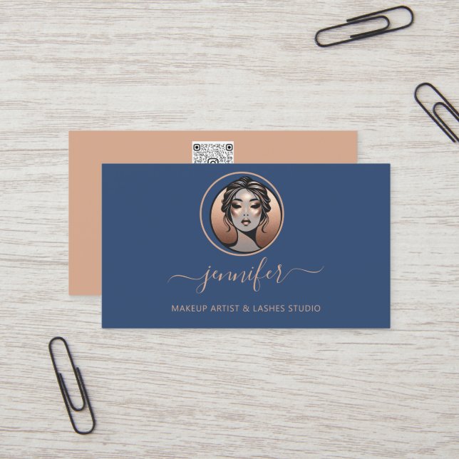 Rose Makeup Artist  White Logo LashQR Oriental Blu Business Card (Front/Back In Situ)