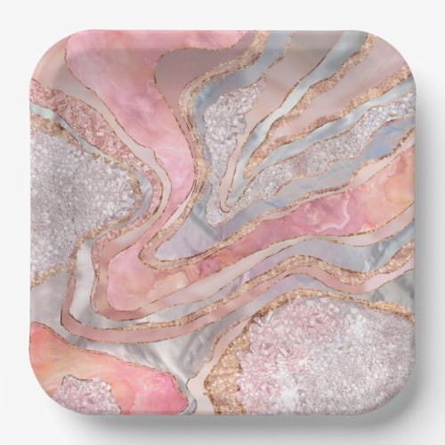 Rose Marble Pearl and crystals geode Digital art Paper Plates