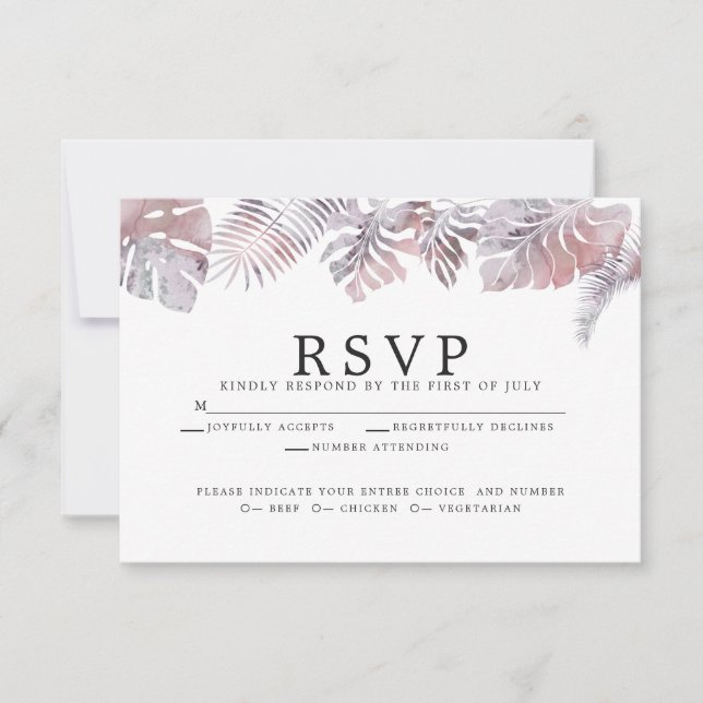 Rose Mauve Watercolor Tropical Leaves RSVP Card (Front)