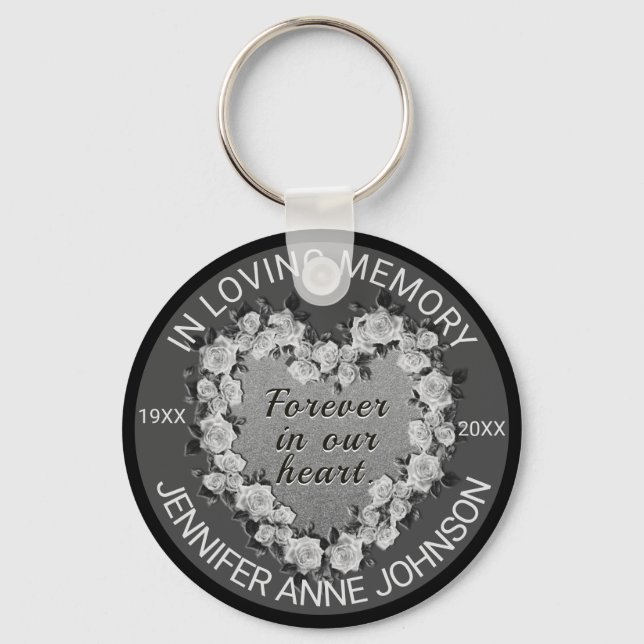 Rose Memorial Heart in Black and White Keychain (Front)