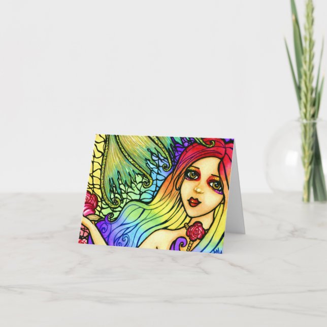 Rose Mermaid Pretty Rainbow Blank Note Card (Front)