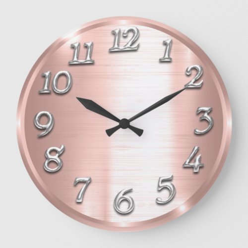 Rose Metallic Arabic Numbers Silver Gray Large Clock