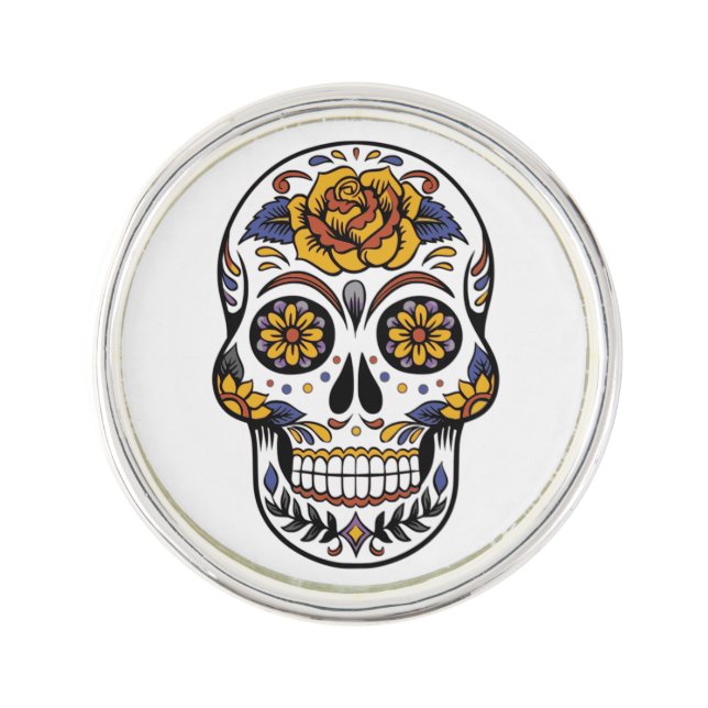 Rose Mexican Sugar Skull Day of the Dead Lapel Pin (Front)