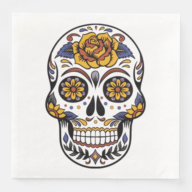 Rose Mexican Sugar Skull Day of the Dead Paper Dinner Napkins (Front)