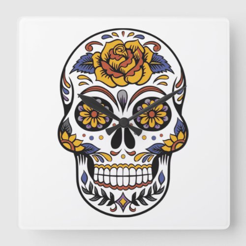 Rose Mexican Sugar Skull Day of the Dead Square Wall Clock