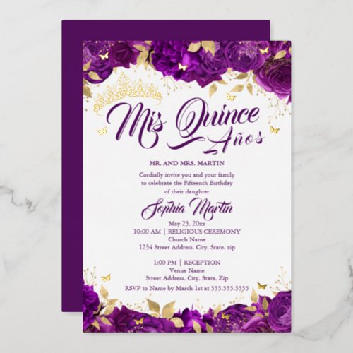 Rose Mis Quince Purple Quinceanera  Foil Invitation