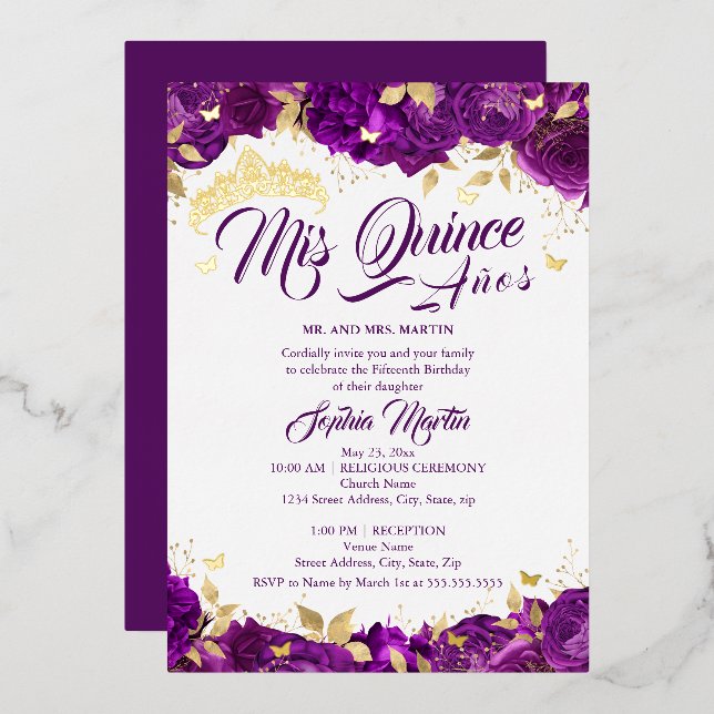 Rose Mis Quince Purple Quinceanera  Foil Invitation (Front/Back)