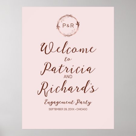 Rose Monogram Engagement Party Welcome Sign Board