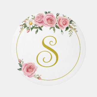 Rose Monogram Round Rug Soft Floral & Gold Accents