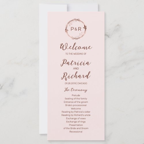 Rose Monogram Wedding Ceremony Program 4x9 Card