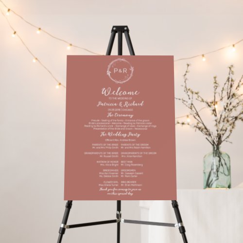 Rose Monogram Wedding Ceremony Program Sign Board