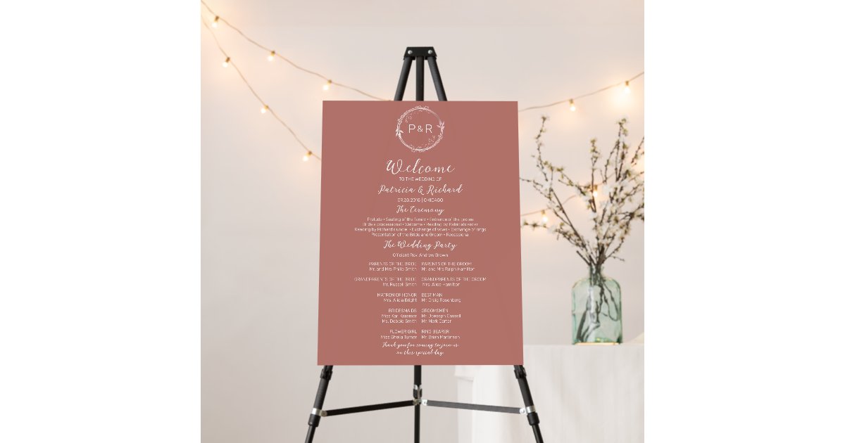 Rose Monogram Wedding Ceremony Program Sign Board | Zazzle