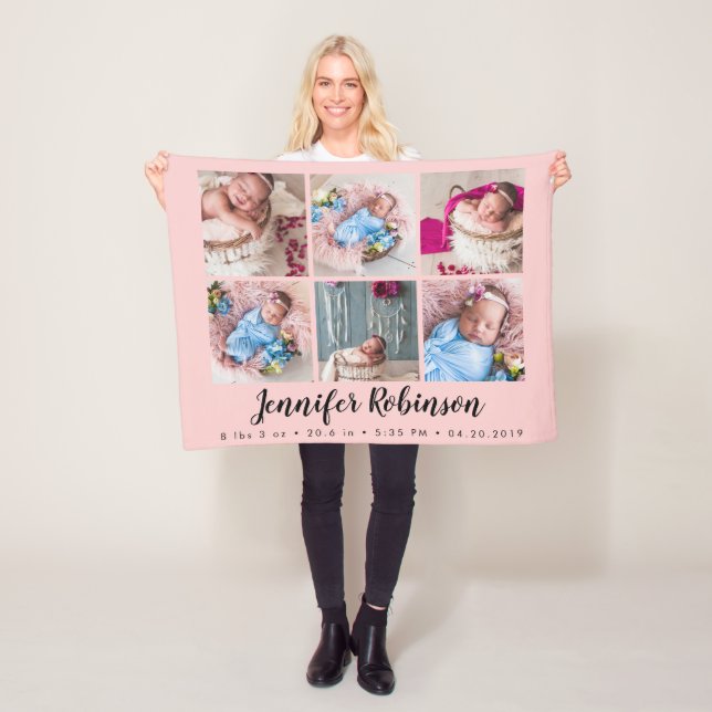 Rose Monogrammed Birth Stat Announcement Photo Fleece Blanket (In Situ)