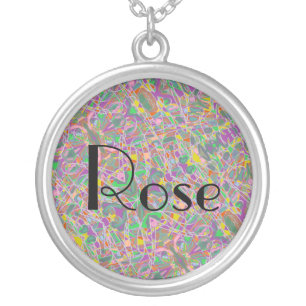 Rose name with abstract art background silver plated necklace