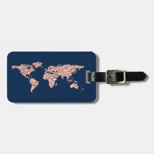 Rose Navy Globe World Map Earth Address Name Luggage Tag