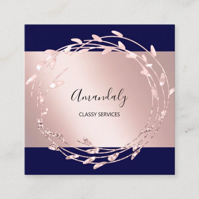 Rose Navy Wreath Elegant Event Planner Square Business Card (Front)