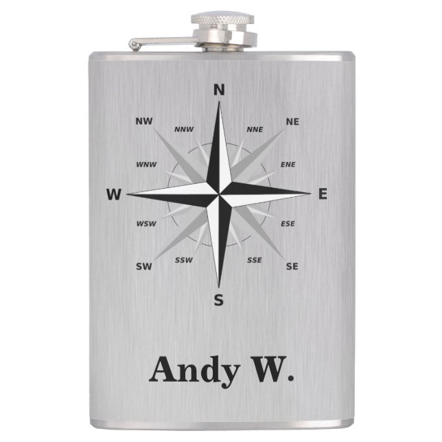 Rose of the Winds Compass and Brushed Aluminum Flask (Front)