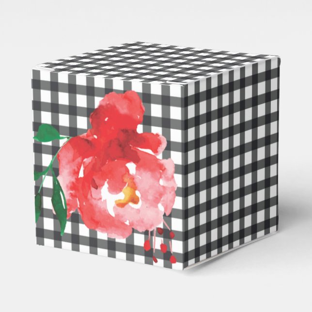Rose on Black and White Gingham 2" Favor Boxes (Front Side)