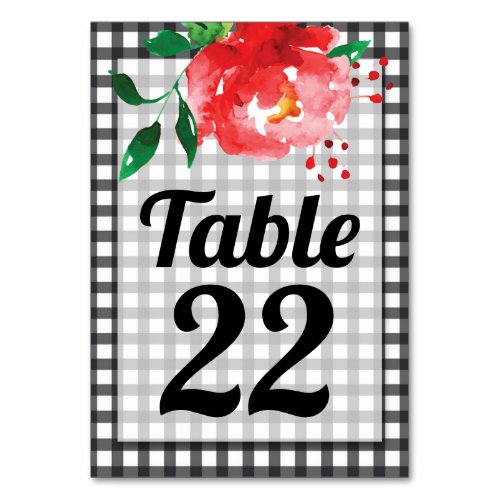 Rose on Black and White Gingham Table Number