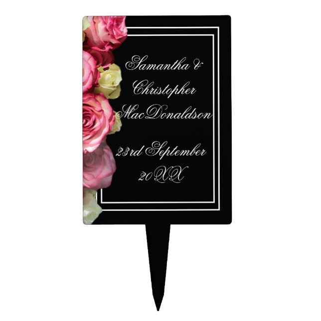 Rose on black floral bouquet wedding cake topper (Front)
