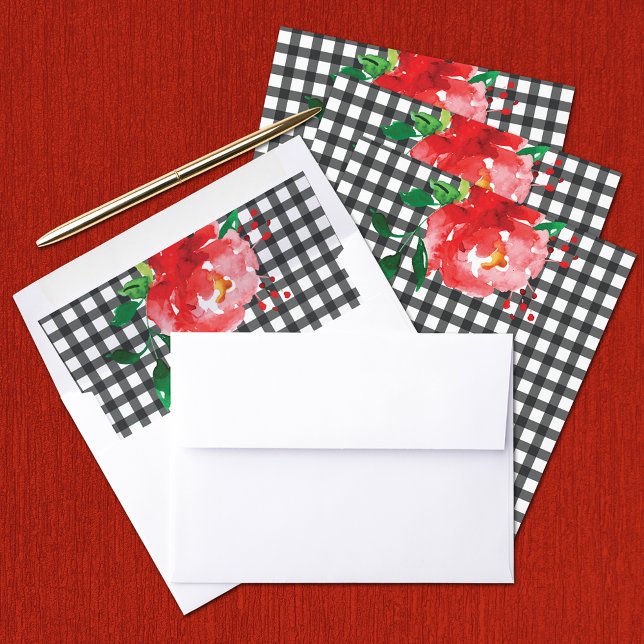 Rose on Black & White Check Envelope Liners (Red rose on black and white gingham check envelope liners)