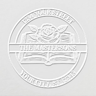 Rose on Book Family Name Return Address Ribbon Embosser