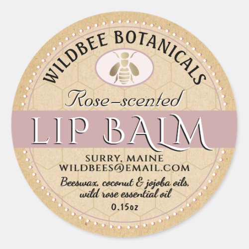 Rose on Kraft Beeswax Lip Balm with Dotted Border Classic Round Sticker