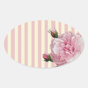 Rose On Pink And White Stripes Oval Sticker by WickedlyLovely at Zazzle