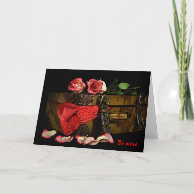 Rose on vintage suitcase with lingerie holiday card (Front)