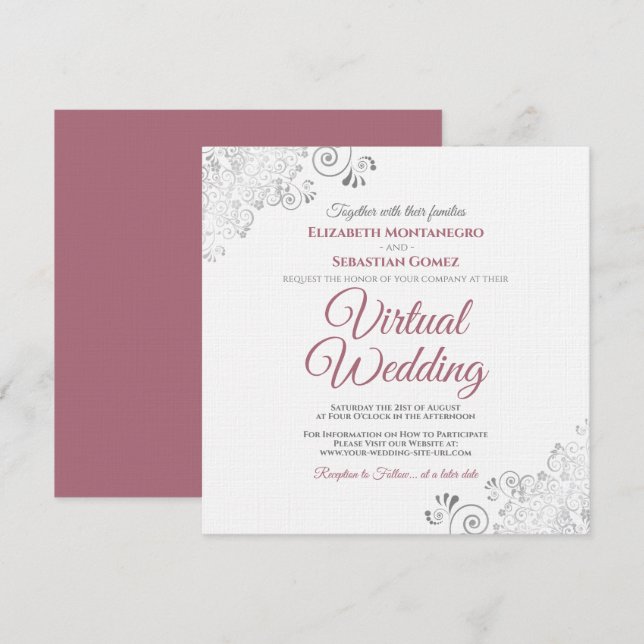 Rose on White Silver Curls Elegant Virtual Wedding Invitation (Front/Back)