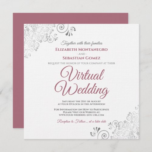 Rose on White Silver Curls Elegant Virtual Wedding Invitation