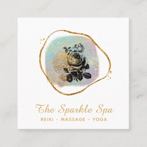  Rose Opal Gold Glitter Frame Floral Square Business Card